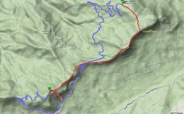 Blue line - Motor Path Red line - Trekking trail Green Dotted - What we did use to catch trekking trail from motor path